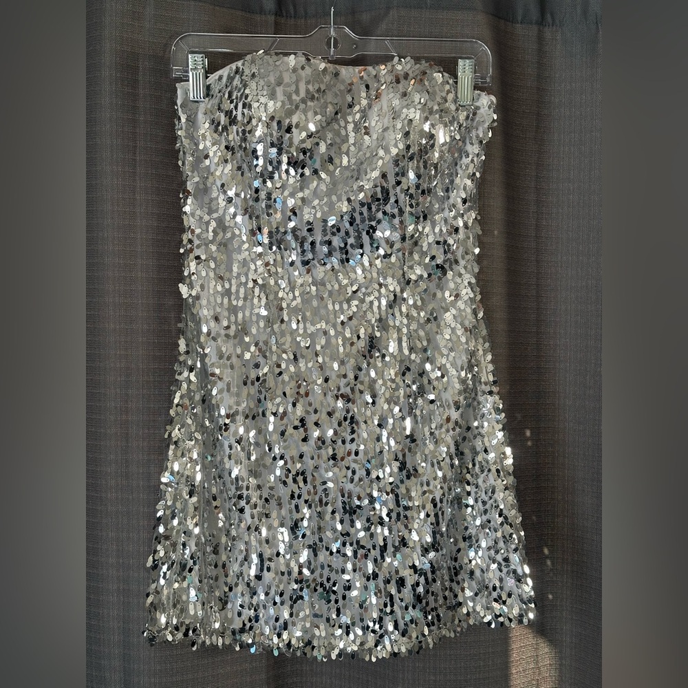 Silver Sequin Strapless Mini Dress